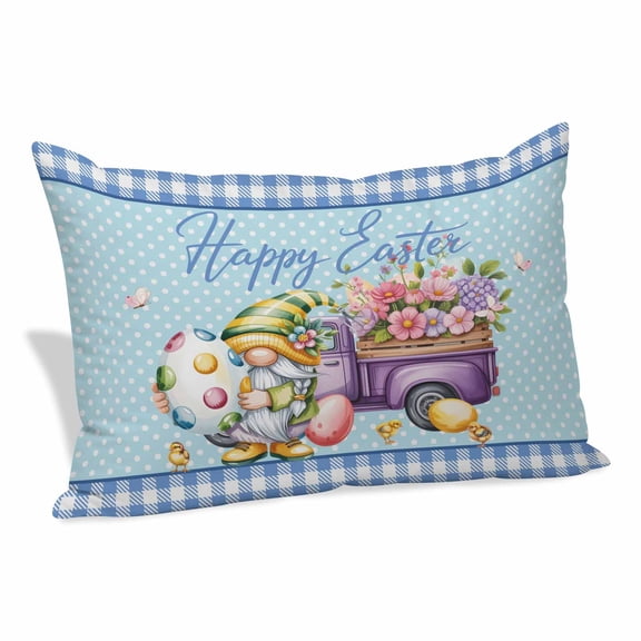 Easter Pillow Covers, Linen Long Throw Pillow Case, Gnomes Colorful Dots Eggs Truck Flowers Blue Plaid Holiday Pillow Protector Decorative Cushion Cover for Living Room/Bedroom 20" x 30"