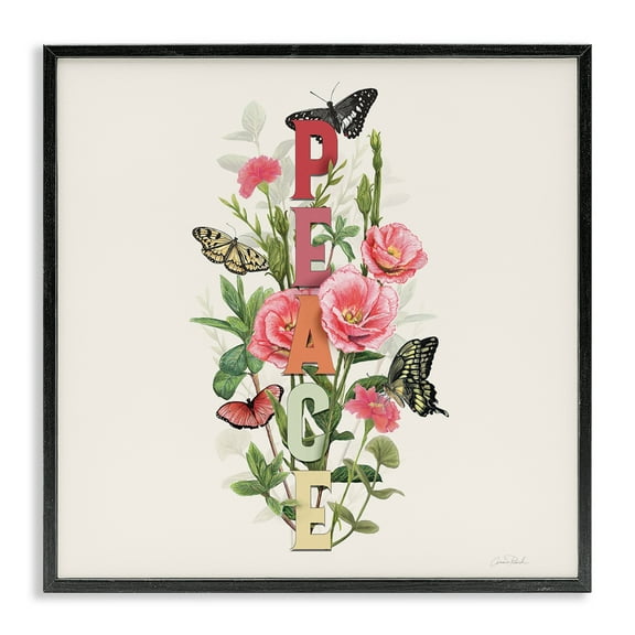 Stupell Industries Peace with Butterflies Botanical & Floral Painting Black Framed Art Print Wall Art, 12 x 12