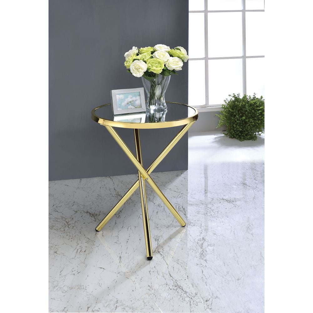 Accent Sofa Side Table Round End Table Glass Top Side Table in Gold