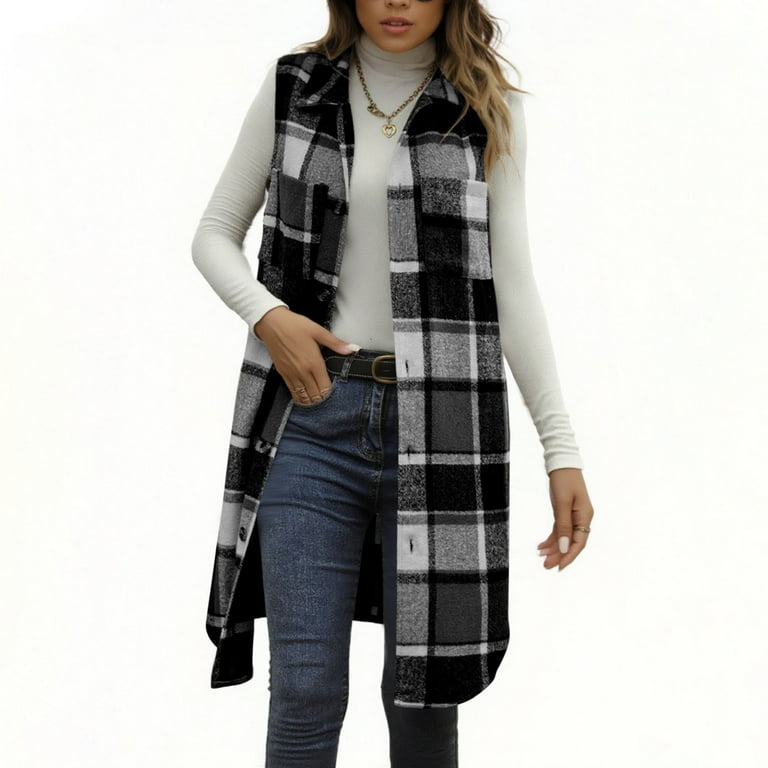 qolati Plaid Vest for Women Sleeveless Curved Hems Long Cardigan