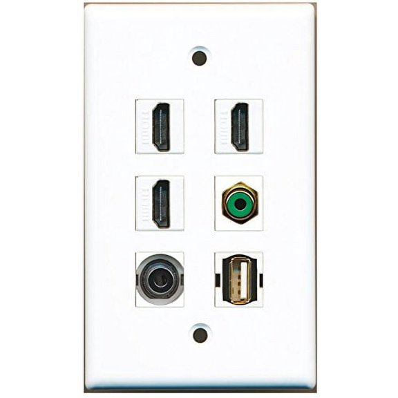 RiteAV - 3 HDMI 1 Port RCA Green 1 Port USB A-A 1 Port 3.5mm Wall Plate