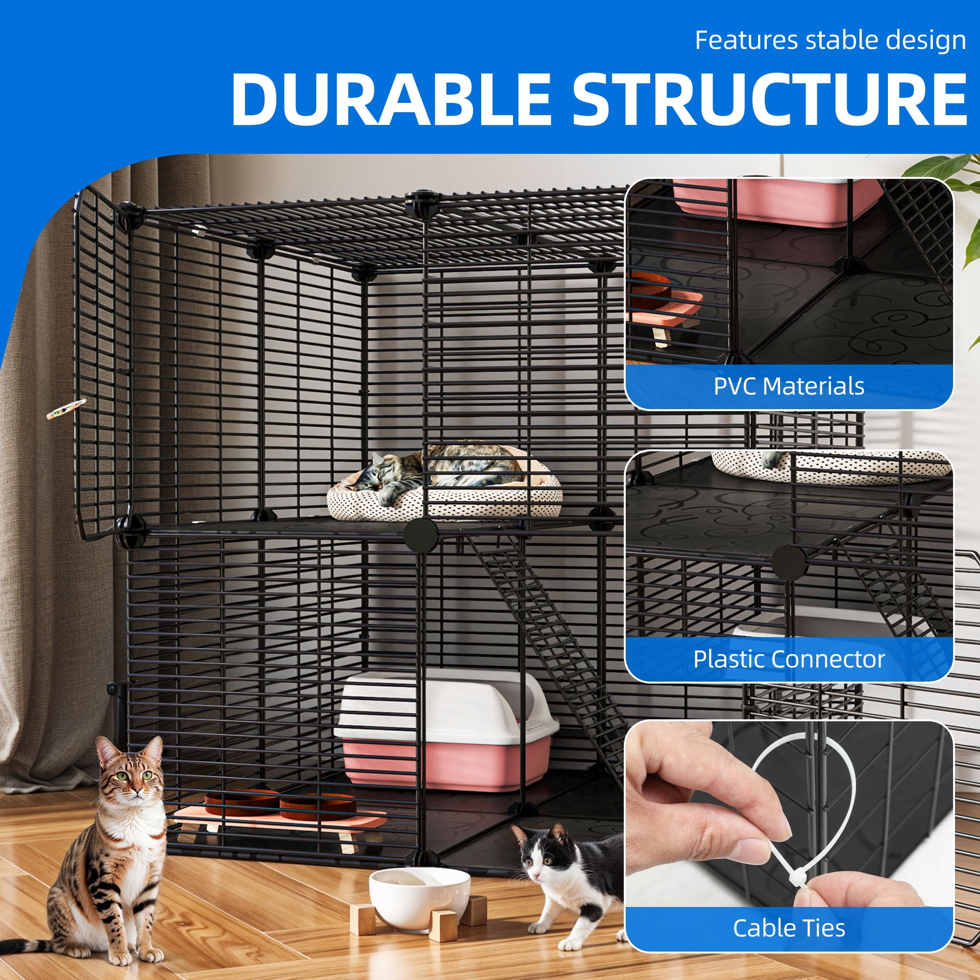 Uforic 2 Tier Cat Cage, Indoor Cat Enclosure DIY Cat Playpen Metal Kennel for 1-2 Cats,28"L x 28"W x 28"H,Black