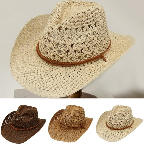 D-GROEE Unisex Sun Hat Straw Woven Wide Brim Sun Protection Vintage Windproof Boater Hat for Beach