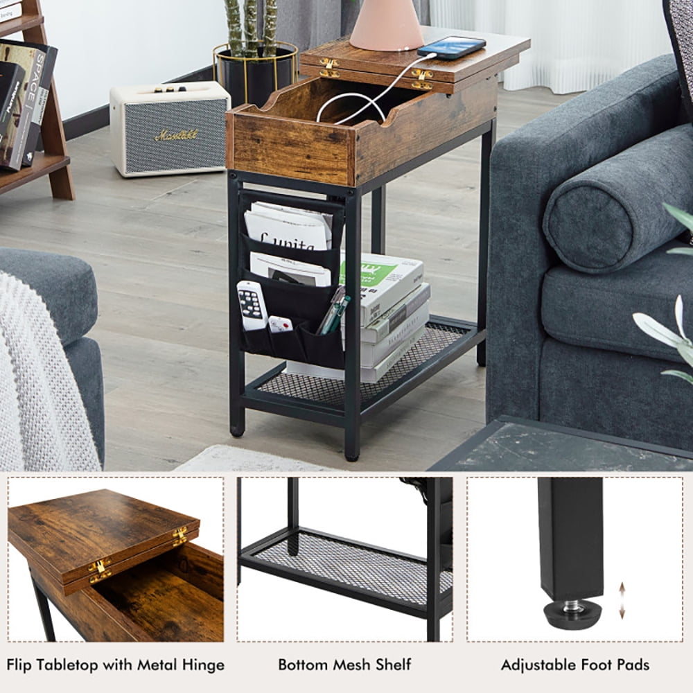 Finihen End Side Table, Industrial End Table with Charging Station and Flip Top, Sofa Side Table, Bed Side Table, for Living Room, Bedroom, Rustic Brown Finihen End Side Table, Industrial End Table with Charging Station and Flip Top, Sofa Side Table, Bed Side Table, for Living Room, Bedroom, Rustic Brown