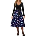 thumbnail image 4 of Valentine Dress for Women 1950S Retro Long Sleeve V-Neck Cocktail Dresses with Belt Love Heart Printing A-Line Dress Dark Purple M, 4 of 5