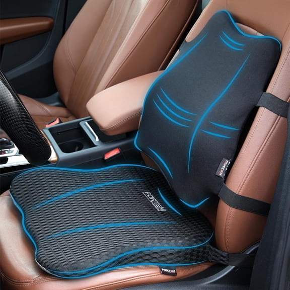 Car Seat Cushion and Back Support Pillow, Memory Foam Car Wedge Cushion, Comfort Back Rest and Lumbar Support for Driving, Non Slip Seat Pad, Adjustable Straps, Washable Cover