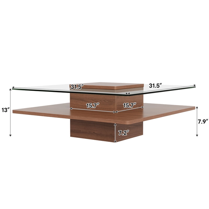 31.5''W Square Cocktail Coffee Table with Clear Tempered Glass Top, 2-Tier Accent Center Table with Open Storage Shelf