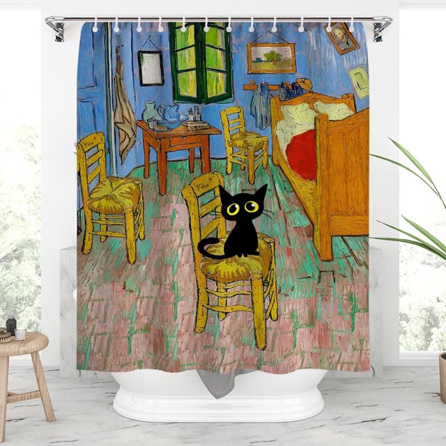 Cortina de ducha con diseño de gato negro para dormitorio, juego de cortinas de ducha con diseño de gato negro para baño con 12 ganchos, cortina de baño estética y bonita para mujeres y niños,