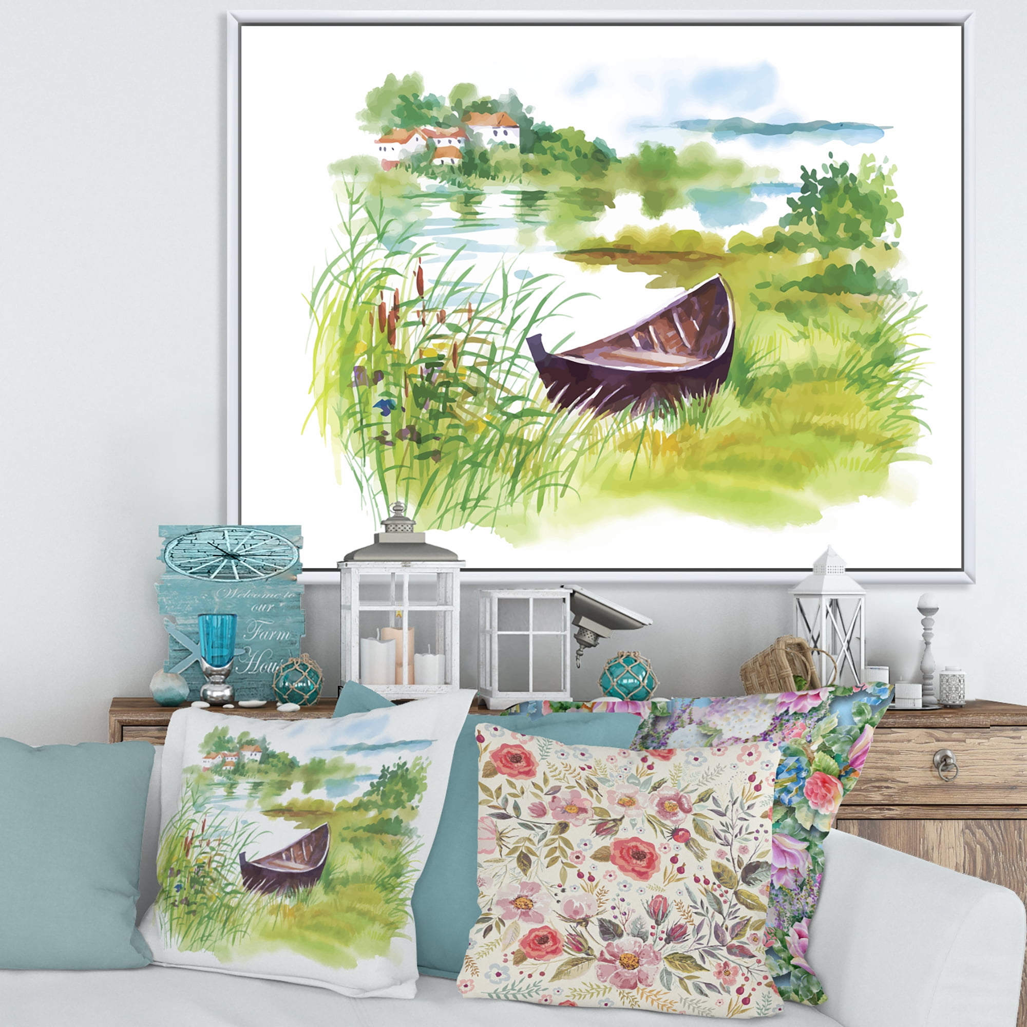 Designart 'Rural Green Landscape With Boat In Lake' Lake House Framed Canvas Wall Art Print