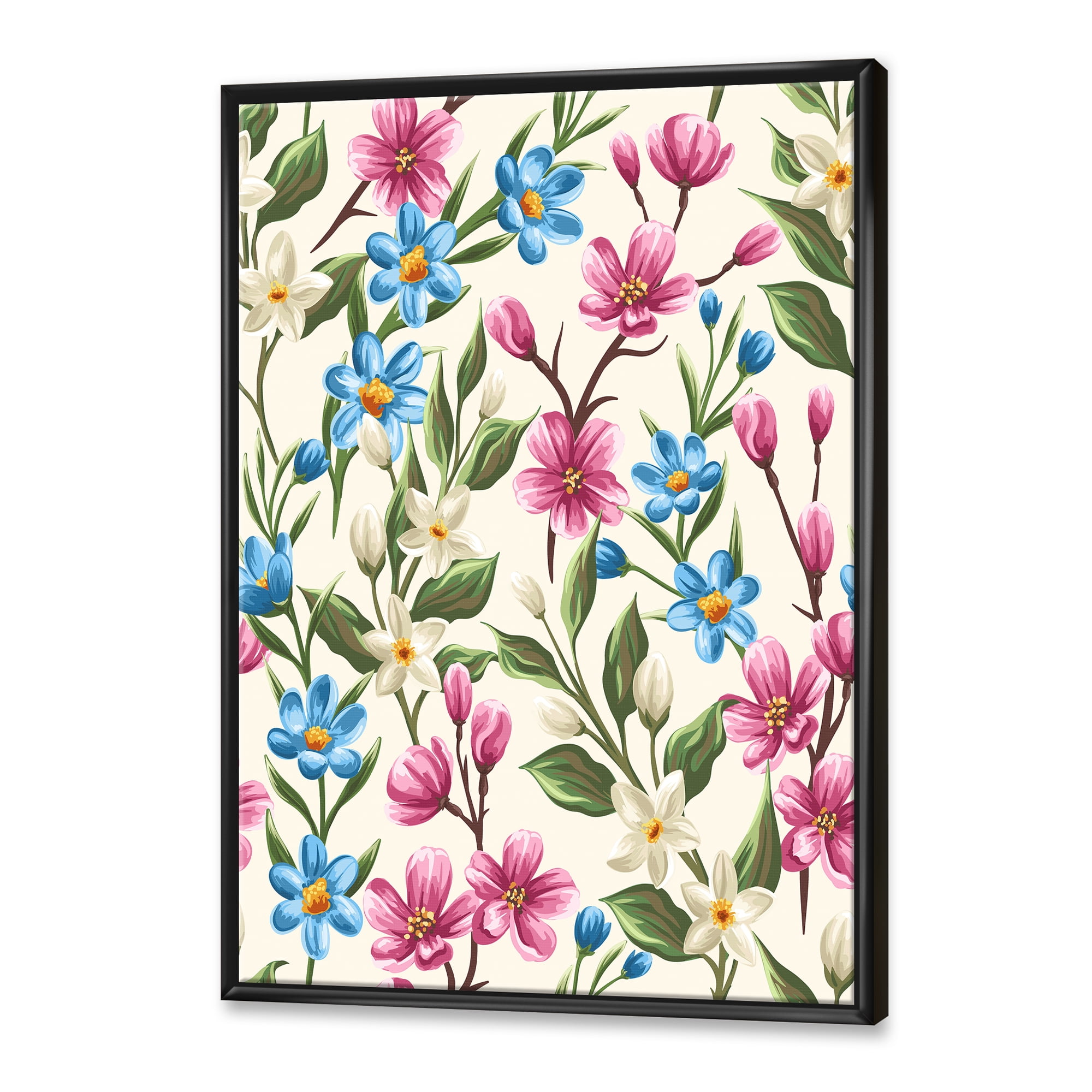 Designart 'Vintage Blue and Pink Wildflowers' Traditional Framed Canvas Wall Art Print