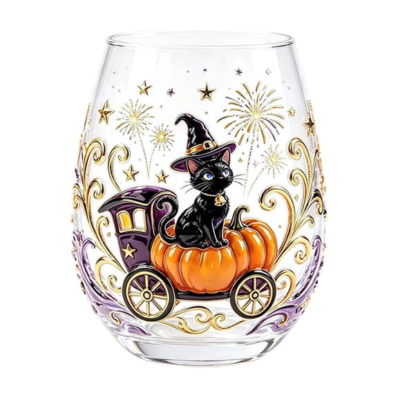 OCCOA Halloween Artisan Glassware Handmade Stemless Wine Glass with Black Cat Witch Pumpkin Embossed Design for Gothic Home Bar Party Drinkware Gift, C