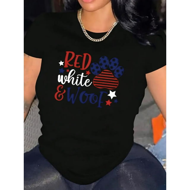 1 Pce T-Shirt à Col Rond pour Femmes, Imprimé Patte Drapeau Américain Patriotique, Imprimé Alphabet Abstrait Décontracté, Polyester Tricoté Extensible Moyen, Haut Confort Toutes Saisons