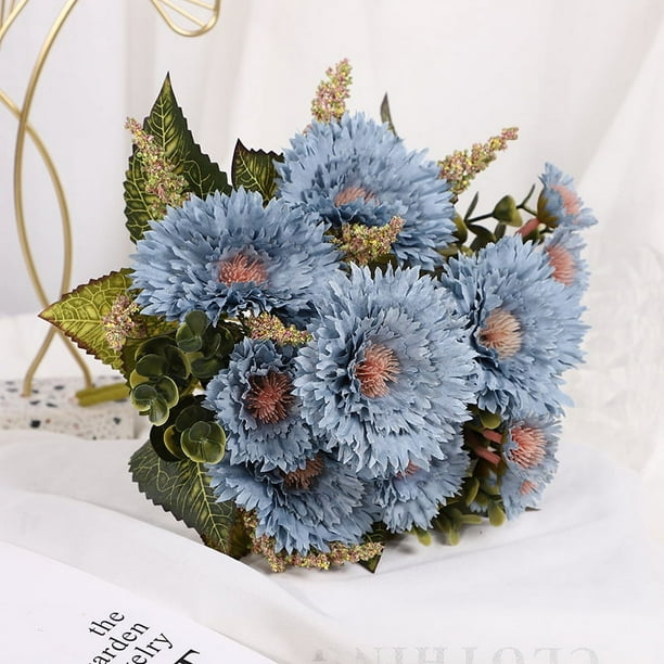XmhyTop 3 paquetes de flores artificiales de margaritas, flores de imitación, ramo de hortensias de seda, estilo vintage para bodas (azul)