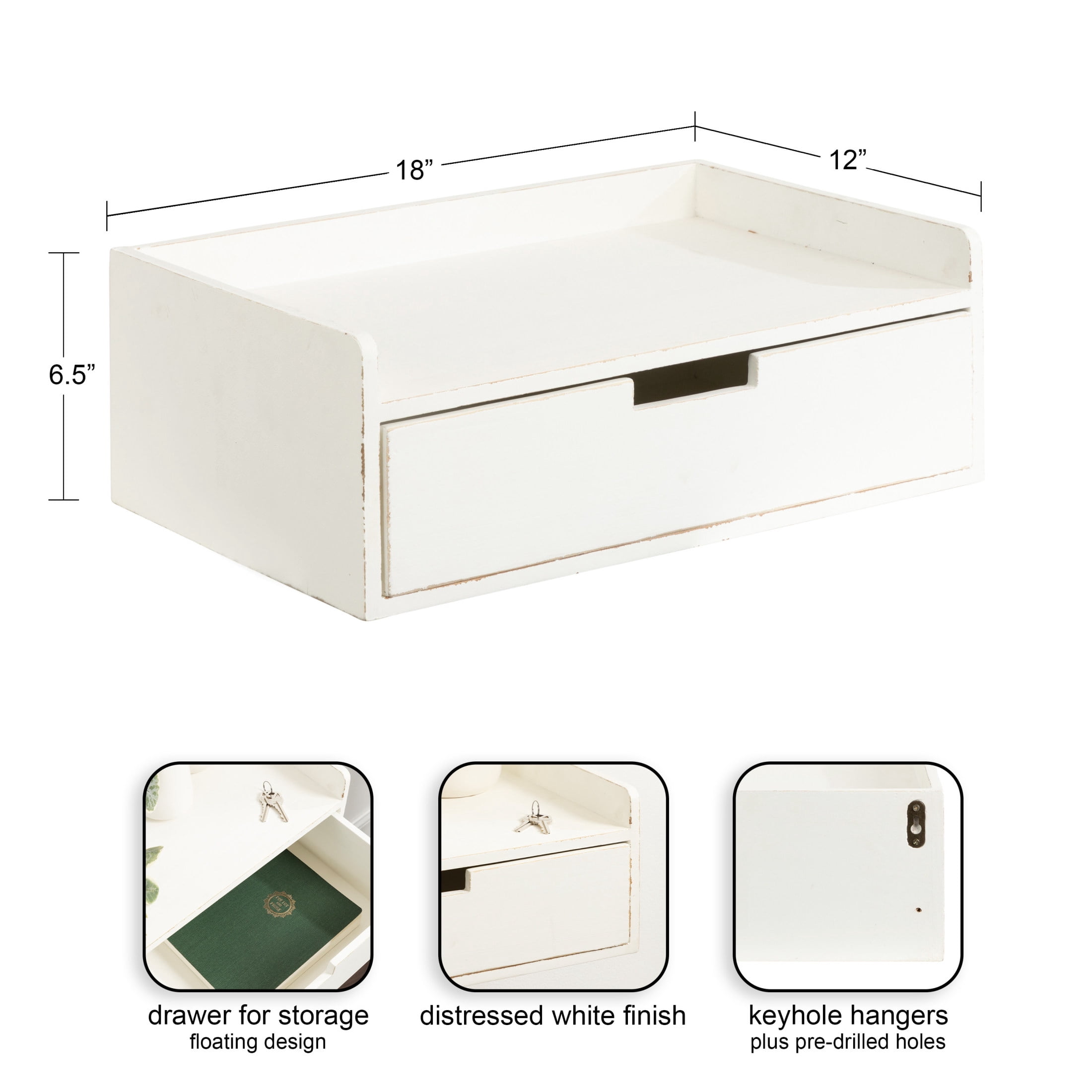 Kate and Laurel Kitt Modern Floating Shelf Side Table with Drawer, 18 x 12 x 7, White, Decorative Solid Wood Floating Table with Pull Out Drawer and Cubby for Space-Saving Dorm Decor