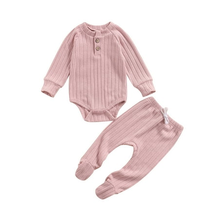 

Canrulo Newborn Infant Baby Girl Boy Clothes Soft Long Sleeve Romper Footed Pants Set Autumn Spring Warm Outfits Pink 12-18 Months