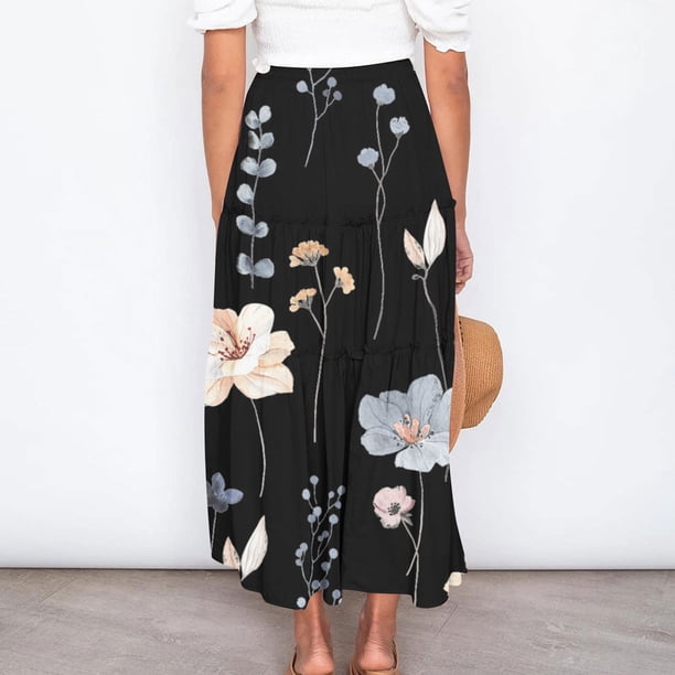 ICHUANYI Clearance Fashion Women Solid Casual Ruched Ruffles Elastic Waist Skirts(Black, XL) ICHUANYI WER2023081001824