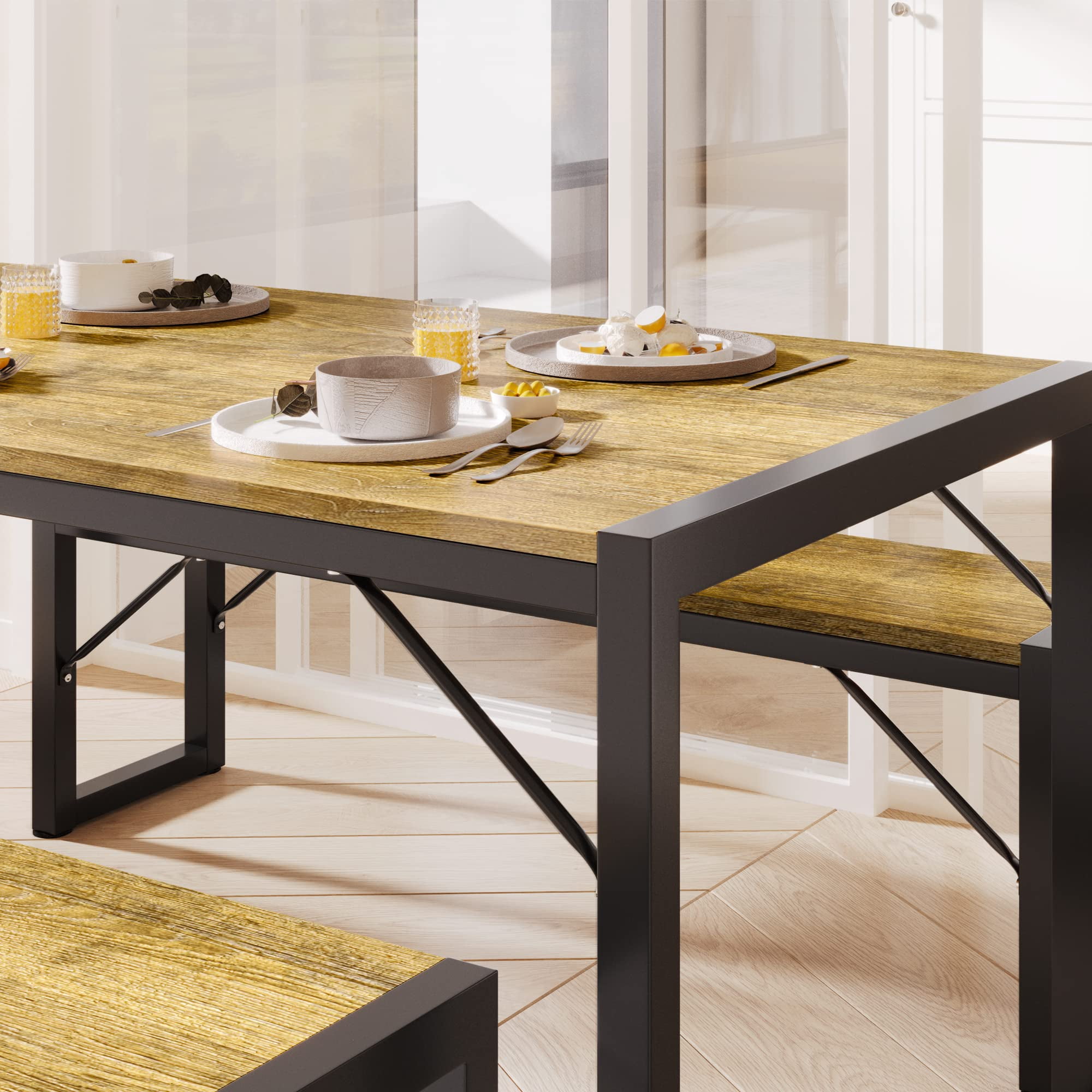 Lofka Dining Table Set for 4 with Benches - Solid Wood Kitchen Table for Small Spaces, Breakfast Nook & Apartments (Vintage Brown)