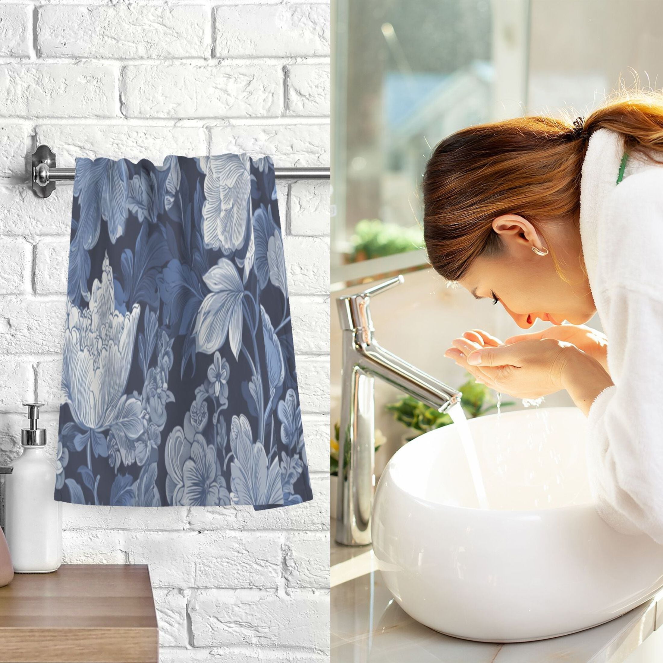 2 Pieces of Cotton Towel Face Towel Set Hand Towel Bath Towel Cotton Bath Towel Sets Blue Flowers Beautiful
