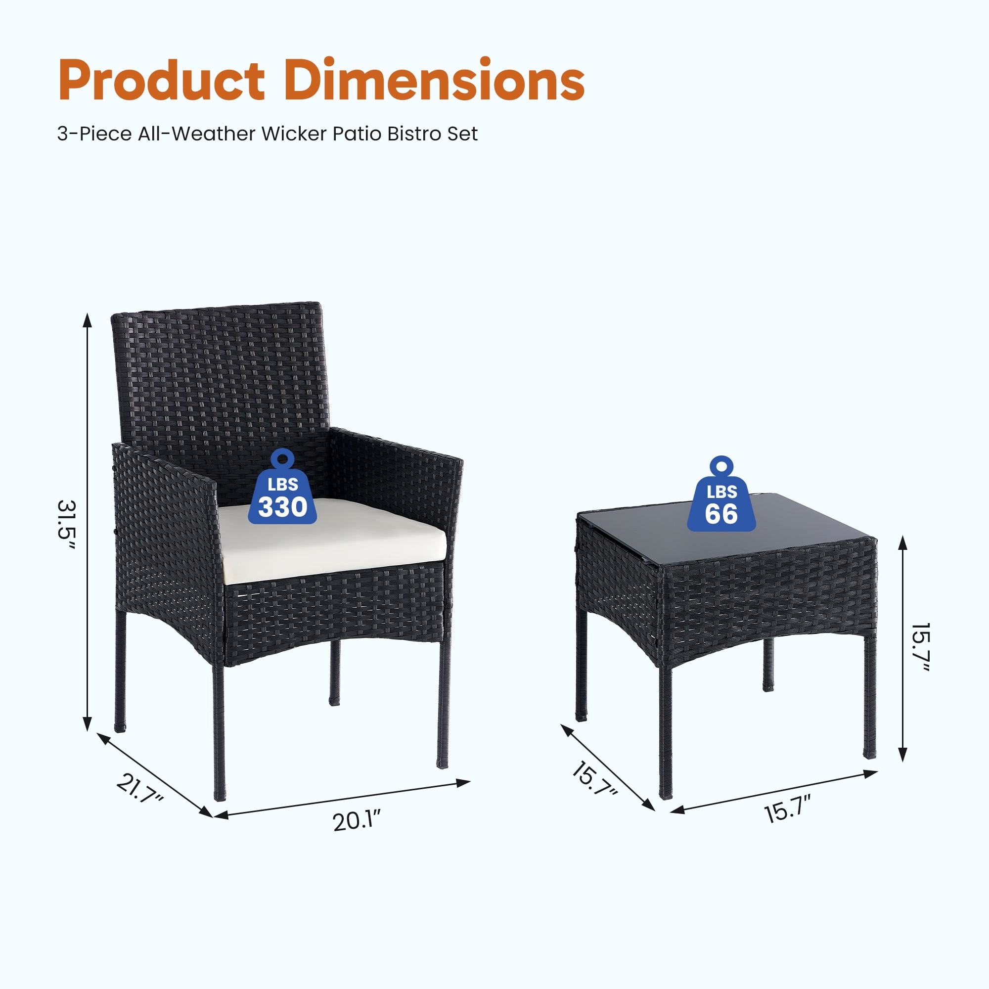 EDX 3-Piece Patio Conversation Set, All-Weather PE Rattan Outdoor Furniture with Wicker Chairs, Tempered Glass Table, Washable Cushions, Black/Beige