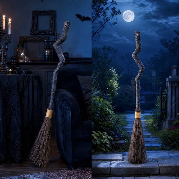Connectable Halloween Witch Broom Prop, Flying Broomstick Costume Accessory and Decorative Broom for House, Party Display and Spooky Scene Decor, Brown
