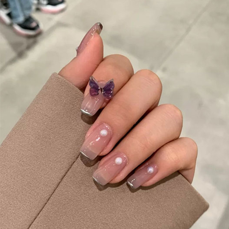 24pcs Nude Pink Pearl Butterfly Fake Nails Wearing Wearable Acrylic Nail Tips With Glue For Girls Walmart Com