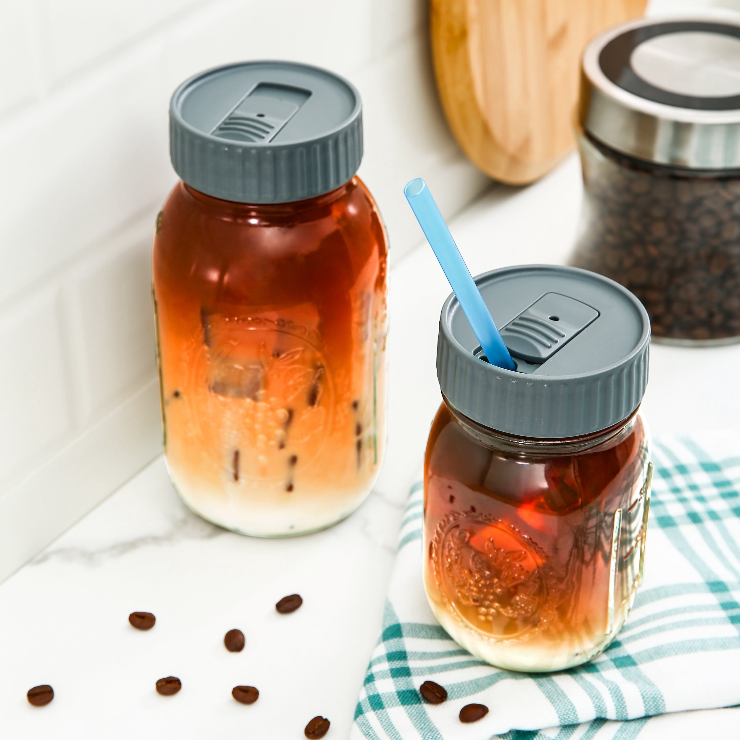 (2 pack) Mainstays BPA-Free Plastic Mason Jar Lids for Drinking – Dishwasher Safe Gray Canning Jar Lids