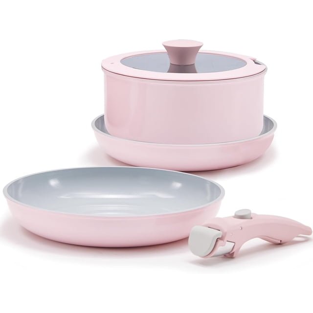 Vkoocy Non Stick Pot and Pan Set with Removable Handle, Ceramic Cookware Set Detachable Handle, 5pcs Induction Kitchen Camping Stackable Pots Pans, Dishwasher/Oven Safe, Pink, CK004pk