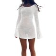 thumbnail image 3 of Womens Solid Color Crochet Lace Backless Long Sleeve Cover Up Sweater Beach Dress Summer Holiday White S, 3 of 8