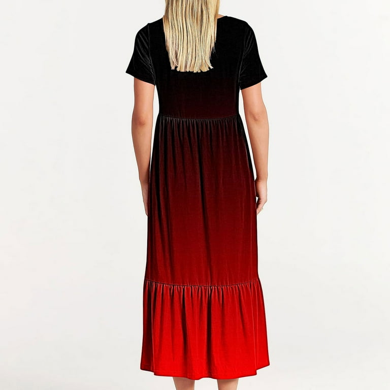 Gathrrgyp Packable Crew Neck Dress-Carry-On Friendly Travel,Women's Summer Short Sleeve Crewneck Dress Flowy Tiered Maxi Beach Dress with Pockets