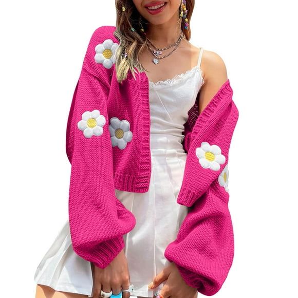 MKLEKYY Sweaters for Women 2024 Womens Cardigan Sweater Long Sleeve Front Open Short Floral Knitted Cardigan 90S Shrugged Back To College Clothing