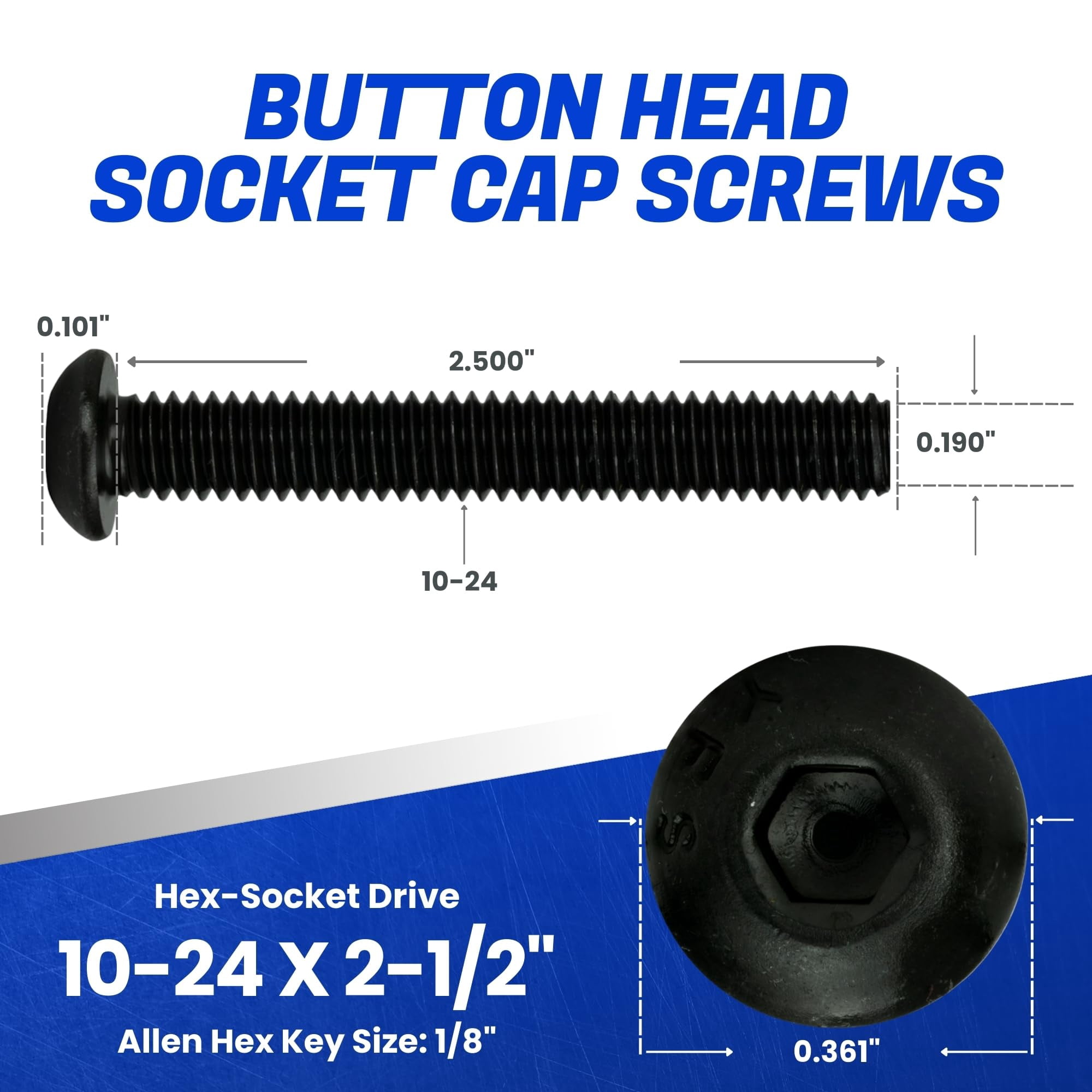 Fastenere Button Head Socket Cap Screws - 10-24 x 2-1/2" (25-Pcs) Alloy Steel, Fully Threaded, Fine Black Oxide Finish, Corrosion-Resistant, Machine Thread, Easy to Install w/ Allen Hex Drive