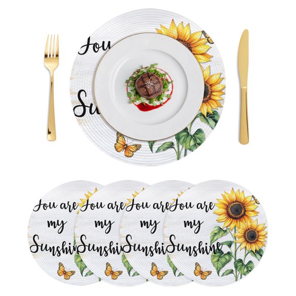 Round Placemats Farmhouse Sunflower 15 inch Set of 4 Table Mats for Dining Table Floral Leaf Butterfly Heat Resistant Non-Slip Kitchen & Home Decorative Place Mat Set