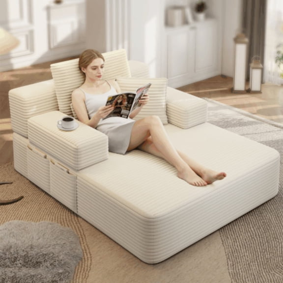 Chaise Lounge Sofa Bed, Convertible Sleeper Couch with Storage Pockets & 3 Pillows, Frameless Design, Beige.