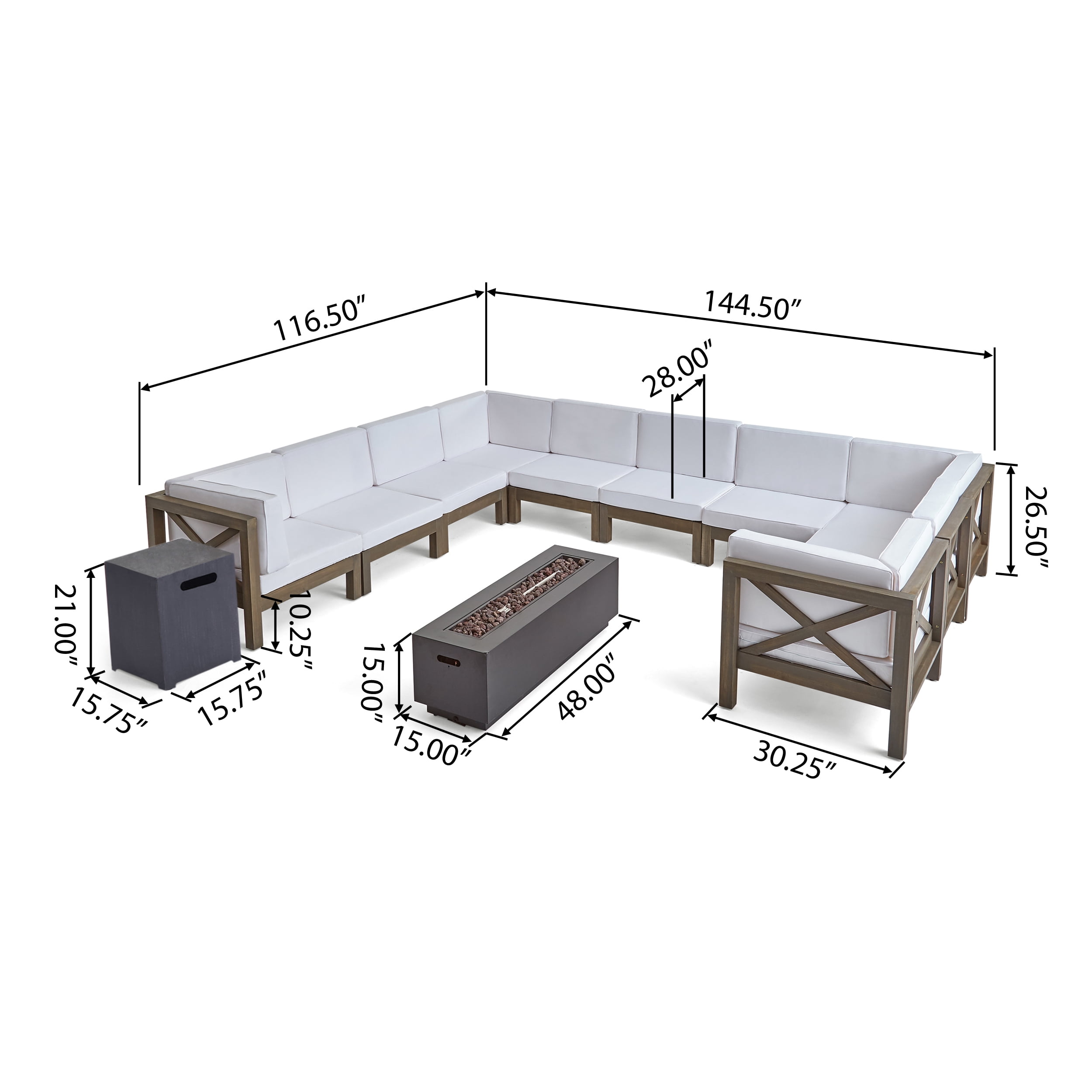 Darren Outdoor 12 Piece Acacia Wood Sectional Sofa Set with Cushions and Fire Pit, Gray, White, Dark Gray