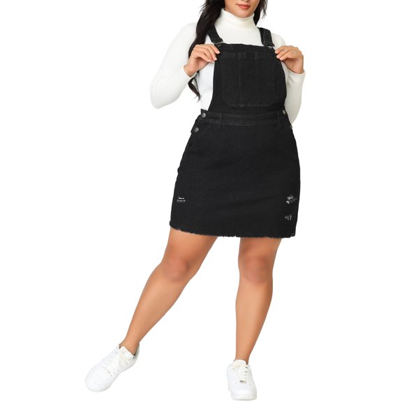 Agnes Orinda Women's Plus Size Denim Overall Dress Adjustable Strap Casual Denim Suspender Dress 4X Black