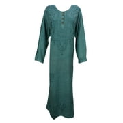 Mogul Womens Maxi Dress Green Full Sleeves Stonewashed Tunic Evening Gown Dresses