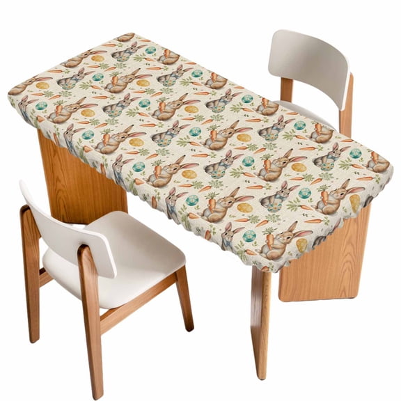 Easter Table Cloths for 4 Foot Rectangle Tables, Spring Rabbit Eggs Carrots Farmhouse Retro Patio Waterproof Elastic Fitted Tablecloths, Washable Rectangular Table Cover for Camping