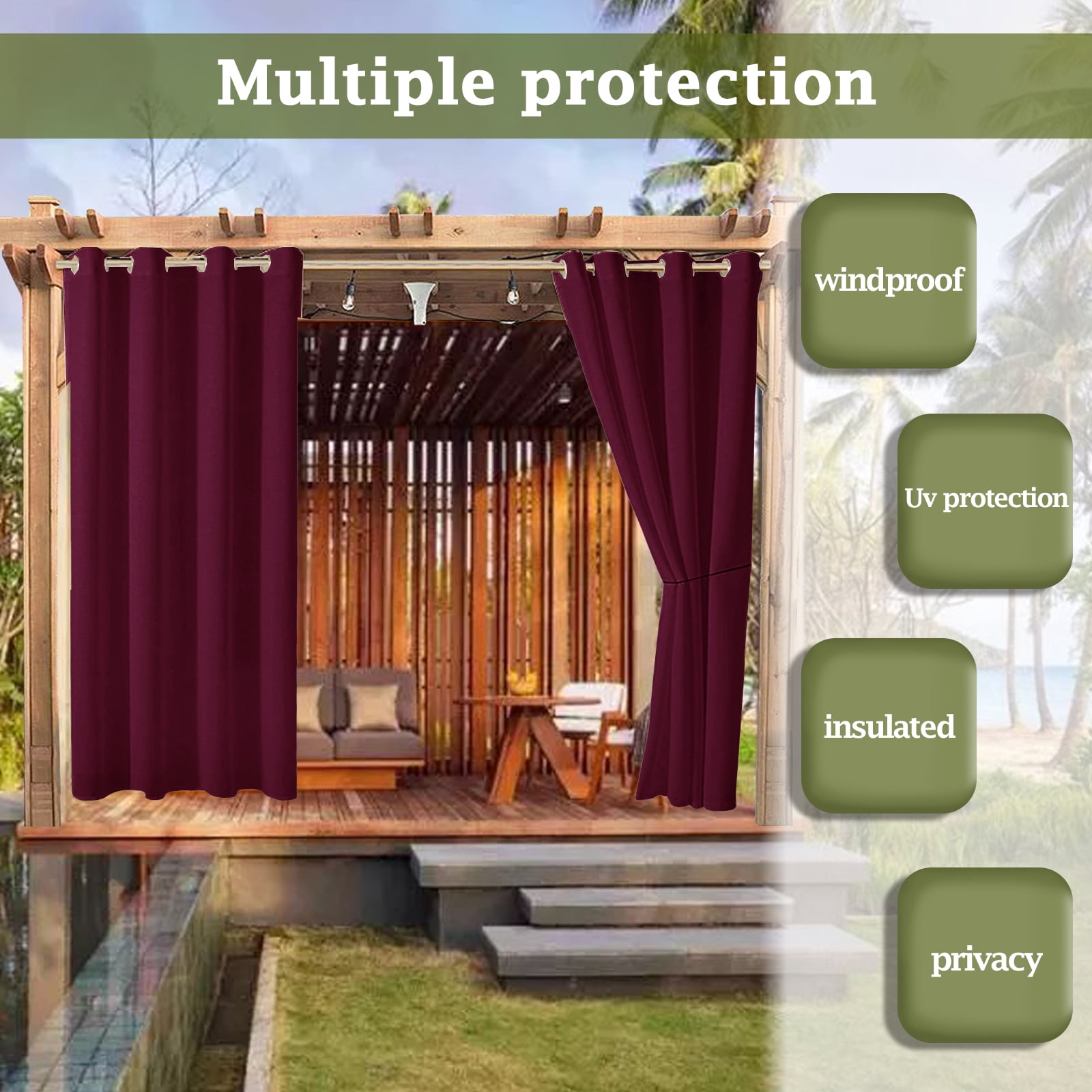 (2 Panel) SHANNA Outdoor Curtains for Patio Waterproof Cabana Grommet Curtain Panels, Burgundy, 52 x 94 inch, Set of 2