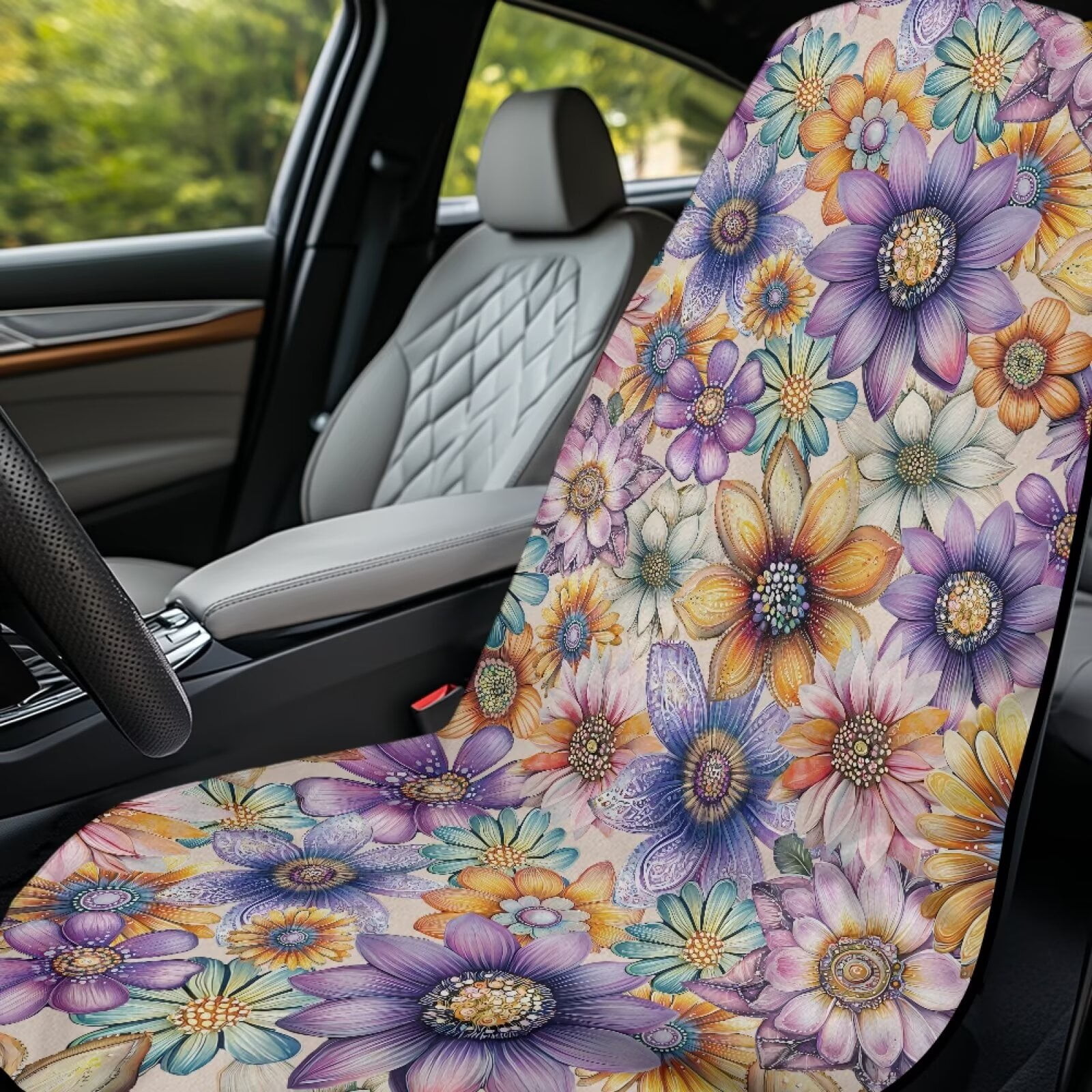 Binienty Boho Floral Beach Towel Car Seat Covers Front Seats Non-Slip Breathable Sweat Towel Car Seat Cover For Post Gym Workout Surfing Swimming Running Yoga Blankets