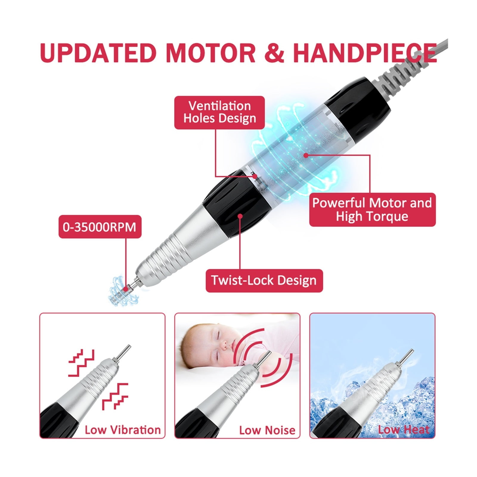 35000RPM Nail Drill Machine, Portable Nail Drill With HD Display, Professional Electric Nail File Manicure Machine With Foot Pedal ,Low Noise