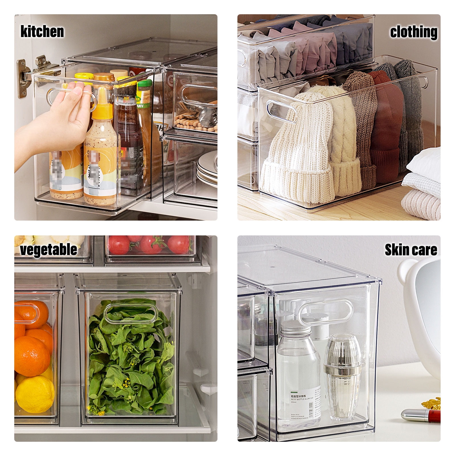 Fridge Drawer Pull Out Stackable Bins with Handle Clear