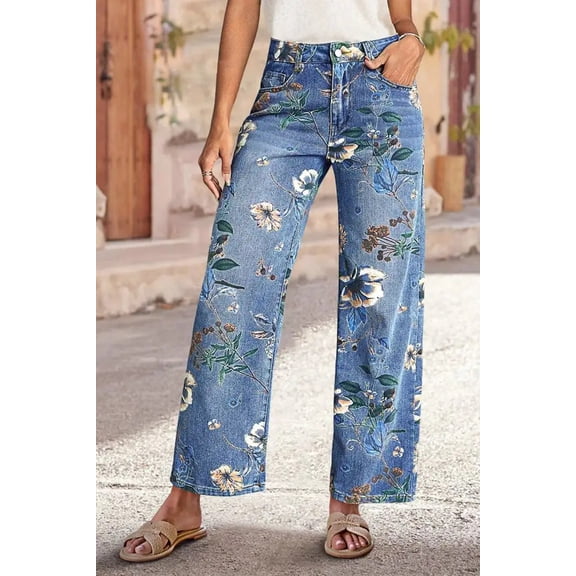 Floral Embroidered Wide-Leg Denim Jeans