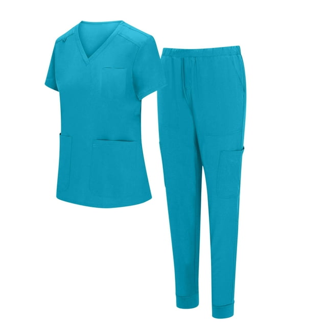 Miqool Ensemble de Blouses Médicales pour Femmes - Blouse Médicale Col en V Extensible & Pantalon de Yoga Jogger Uniforme Médical Infirmier avec 7 Poches