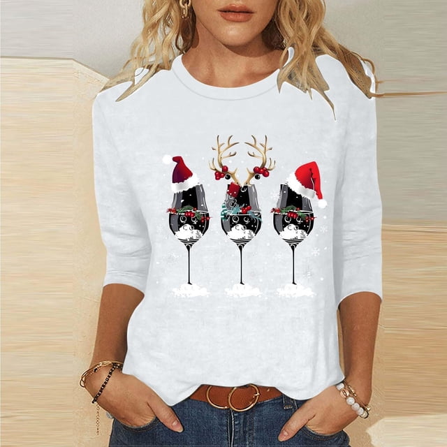 TSADFHJI Hauts pour Femmes Élégants Travail 2024 T-Shirt de Noël Décontracté Rouge Verre Graphique T-Shirt Mode Manches 3/4 Hauts Col Rond de Noël S Blanc