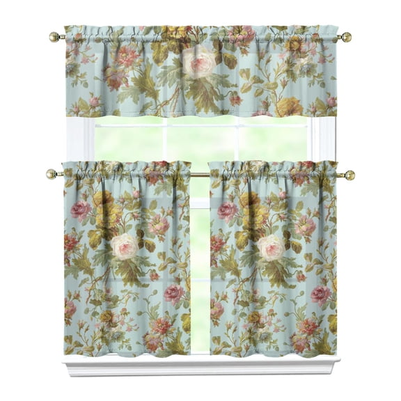 Garden Floral Kitchen Curtains 3-Piece Set Semi-Sheer Window Treatment