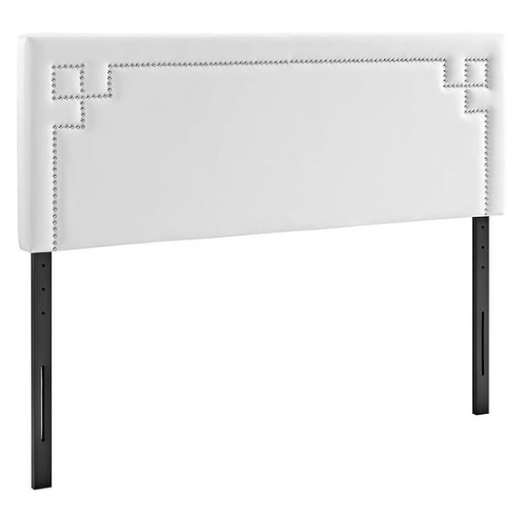 Josie Faux Leather Upholstered Queen Headboard in White with Nailhead Accents