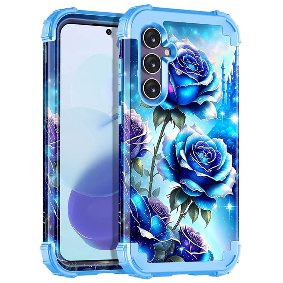 Casetego for Samsung Galaxy S23 FE 5G Case,Glow in The Dark Three Layer Heavy Duty Shockproof Full Body Protection Hard Plastic Bumper Soft Silicone Case,Blue Rose