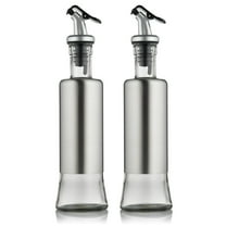 FARI Stainless Steel Olive Oil Dispenser Bottles, 2 pack of 10oz Glass Cooking Oil & Vinegar Cruets for Kitchen and BBQ