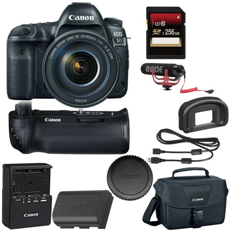 Canon EOS 5D Mark IV DSLR Camera with 24-105mm f/4L II Lens + Canon BGE20 Grip + 256GB SDXC Card + Rode VideoMic GO + (Best Card For Canon 5d Mark Iv)