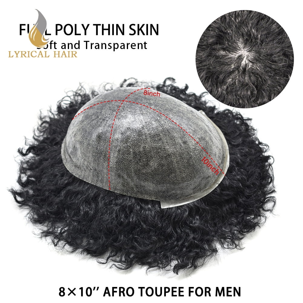 Lyricalhair Toupee for Men 8MM Kinky Curly Hairpieces for Man Brazilian Human Hair Replacement System Full PU Hair Units for African American Mens Wig Male Hair Prosthesis #1 Jet Black